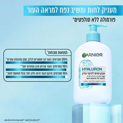 מעניק לחות ומשיב נפח למראה העור. פורמולה ללא סולפטים. תוצאות מוכחות. 100 אחוז מסכימים שהעור נקי משאריות לכלוך, שמן ומזהמים אחרים. 98 אחוז מסכימים שהעור מרגיש מוזן ומחודש יותר. 96 אחוז מסכימים שמרקם העור נראה חלק יותר ובעל תחושת לחות. מבחן הערכת צרכנים, 60 נשים.