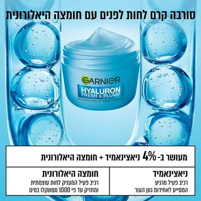 סורבה קרם לחות לפנים עם חומצה היאלורונית. מעושר ב-4 אחוז ניאצינאמיד וחומצה היאלורונית. ניאצינאמיד רכיב פעיל מרגיע המסייע לאחידות גוון העור. חומצה היאלורונית רכיב פעיל המעניק לחות עוצמתית ומחזיק עד פי 1000 ממשקלו במים.