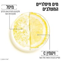 מים מיסלריים המשלבים מיסל חלקיקים הלוכדים את הלכלוך ומנקים את העור. ויטמין סי מסייע בהבהרה והארה של העור.