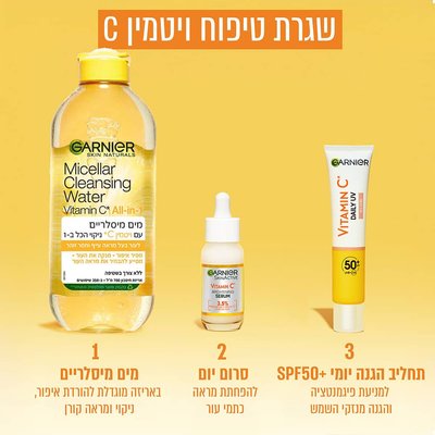שגרת טיפוח ויטמין C. שלב 1 מים מיסלריים באריזה מוגדלת להורדת איפור, ניקוי ומראה קורן. שלב 2 סרום יום להפחתת מראה כתמי עור. שלב 3 תחליב הגנה יומי SPF50 למניעת פיגמנטציה והגנה מנזקי השמש.