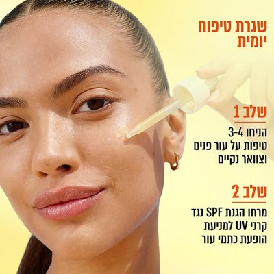 שגרת טיפוח יומית. שלב 1, הניחו 3 עד 4 טיפות על עור פנים וצוואר נקיים. שלב 2, מרחו הגנת SPF נגד קרני UV למניעת הופעת כתמי עור.