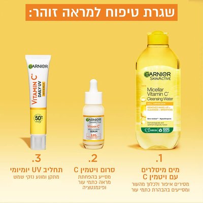 שגרת טיפוח למראה זוהר. שלב 1 מים מיסלריים עם ויטמין C מסירים איפור ולכלוך מהעור ומסייעים בהבהרת כתמי עור. שלב 2 סרום ויטמין C מסייע בהפחתת מראה כתמי עור ופיגמנטציה. שלב 3 תחליב UV יומיומי מתקן ומונע נזקי שמש.